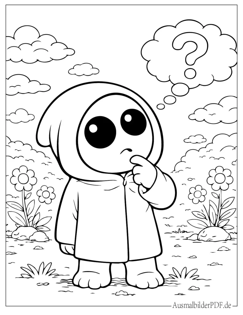 Ausmalbild eines roten Rainbow Friend mit Hand am Kinn, ideal für Kinder zum Drucken, Ausmalen und kreativen Spaß