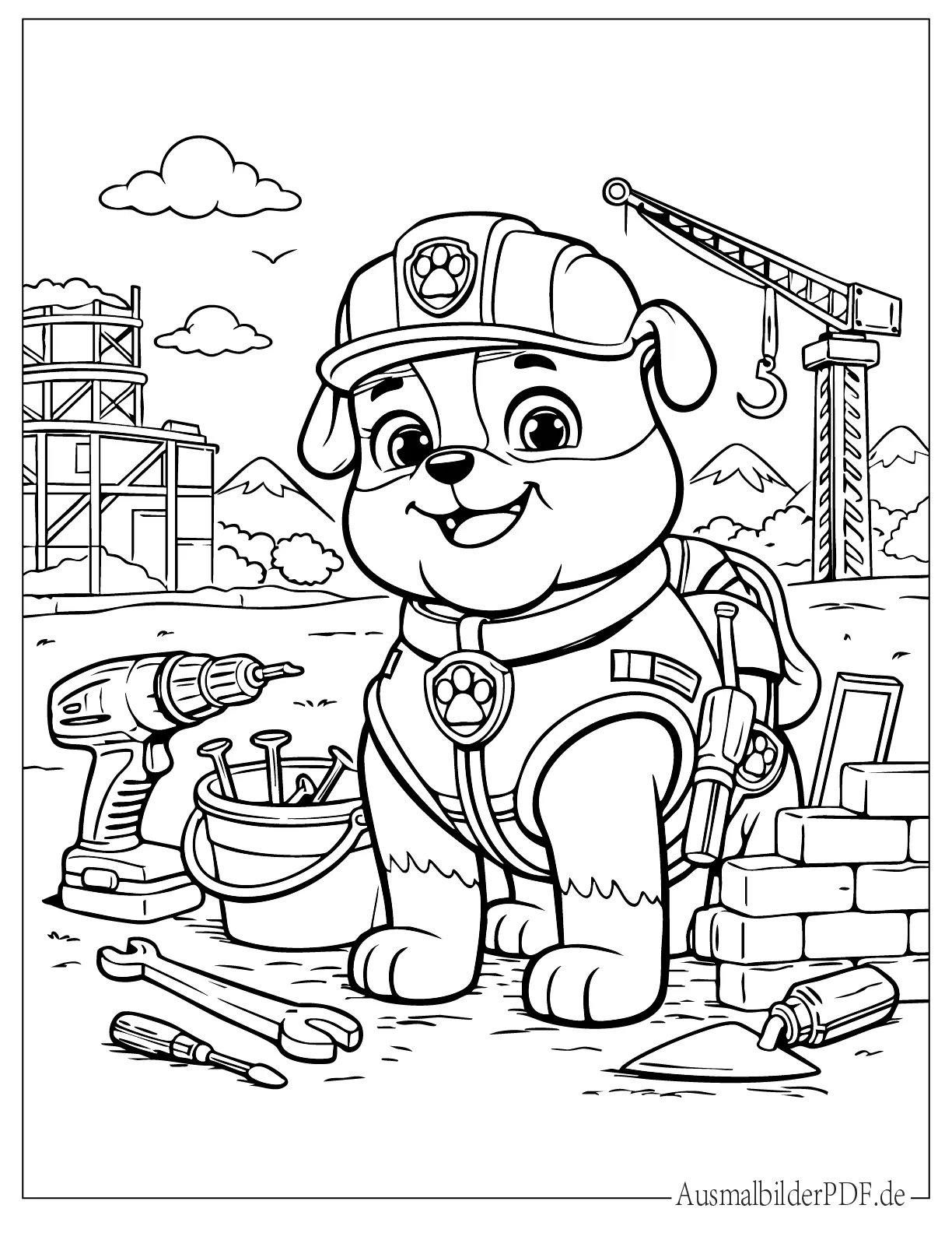 20+ Paw Patrol Ausmalbilder (Gratis Vorlagen zum drucken) Pummeliger Paw Patrol Rubble mit Werkzeugen zum Ausmalen
