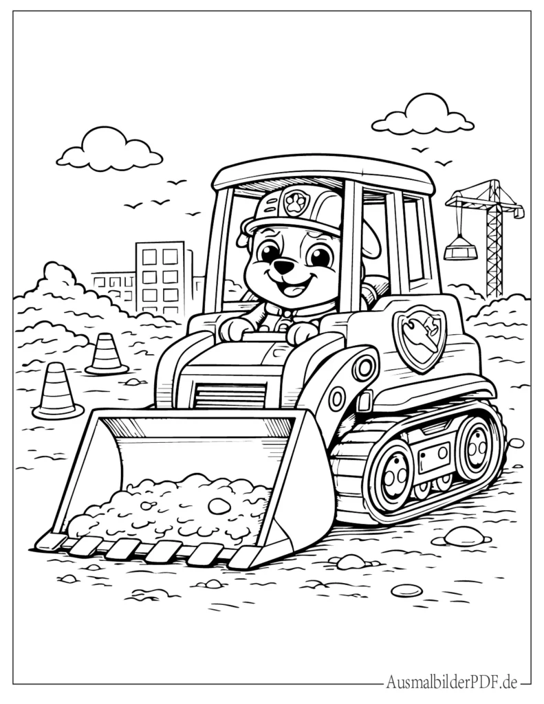 Ausmalblatt zeigt Rubble beim Fahren eines Bulldozers, kreative Malbild für Kinder zum Ausdrucken