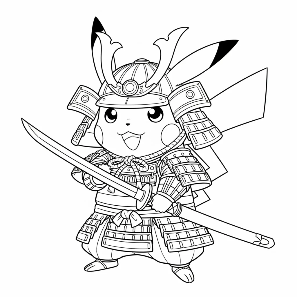 Starkes Malvorlage-Motiv von Pikachu als Samurai mit traditioneller Rüstung und erhobenem Schwert, bereit für ein episches Abenteuer.