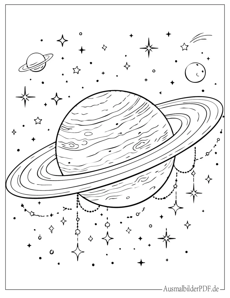 Ausmalbild von Saturn mit großen Ringen, ideal zum Ausdrucken und Ausmalen für Kinder und Erwachsene
