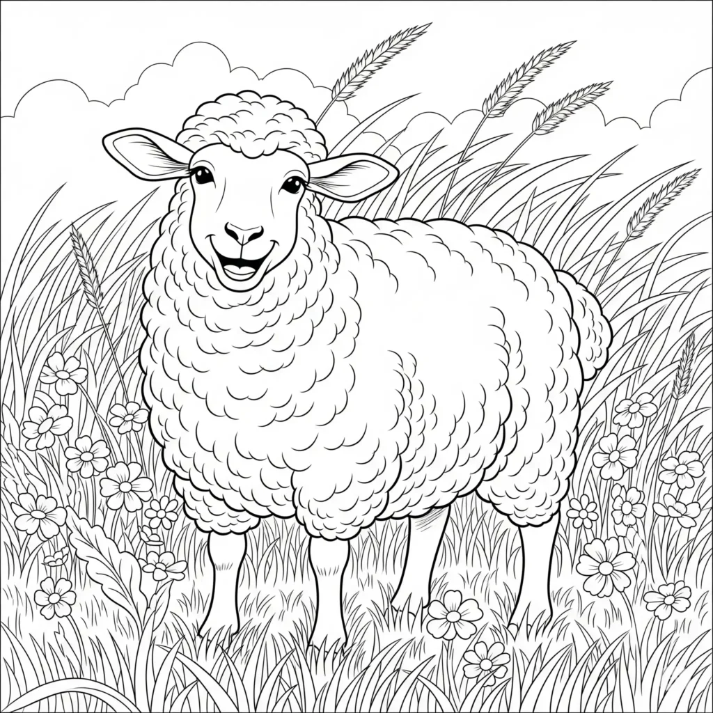 Ein Schaf steht auf einer grünen Wiese und schaut freundlich in die Richtung – ideal als schaf ausmalbild für kinder zum ausdrucken