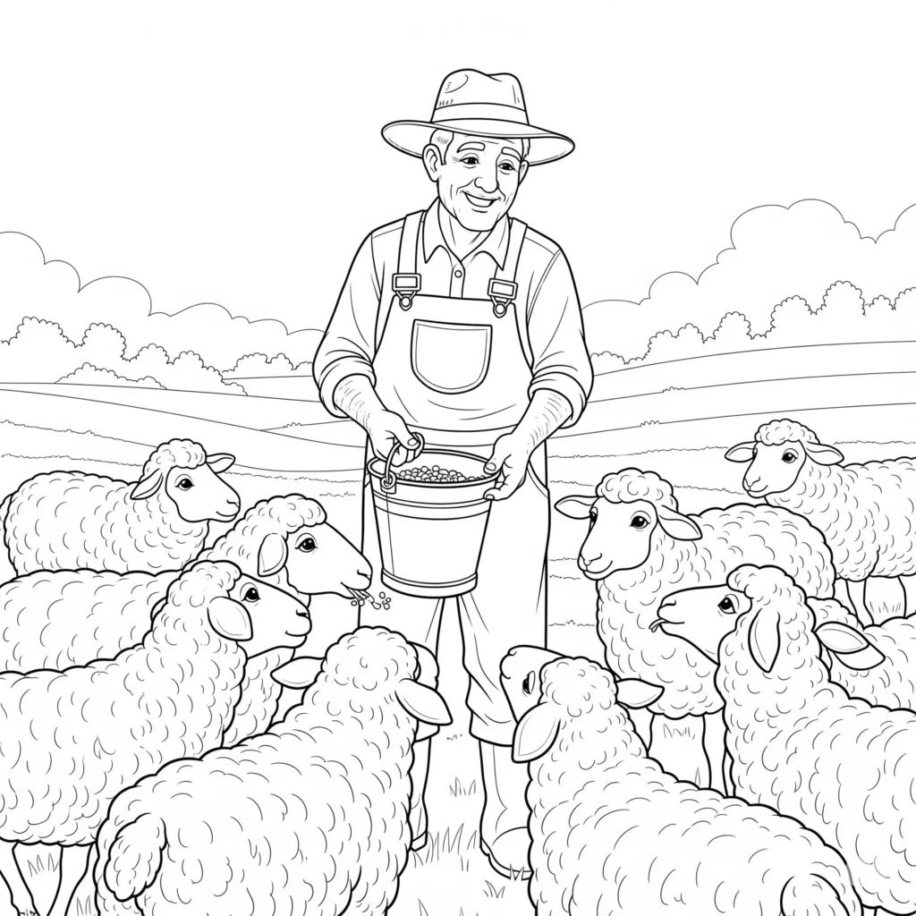 Ein Bauer füttert mehrere Schafe auf der Wiese, einfach auszumalen für Kinder und Erwachsene