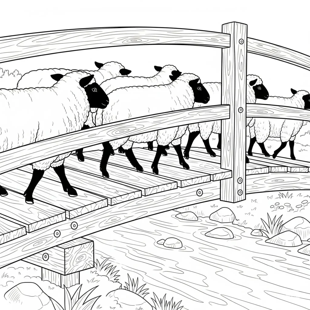 Mehrere Schafe überqueren eine Brücke, leicht auszumalen für Kinder und Erwachsene