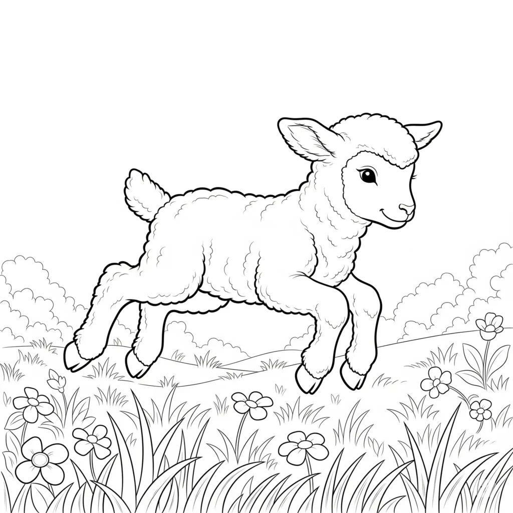 Ein Baby Lamm springt fröhlich auf der Wiese, leicht auszumalen für Kinder und Erwachsene