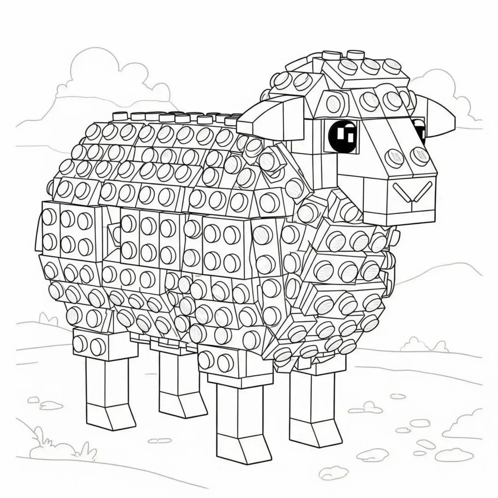 Ein LEGO Schaf zum Ausmalen, ideal für Kinder und Erwachsene, kreative Malvorlage für druckbare PDF