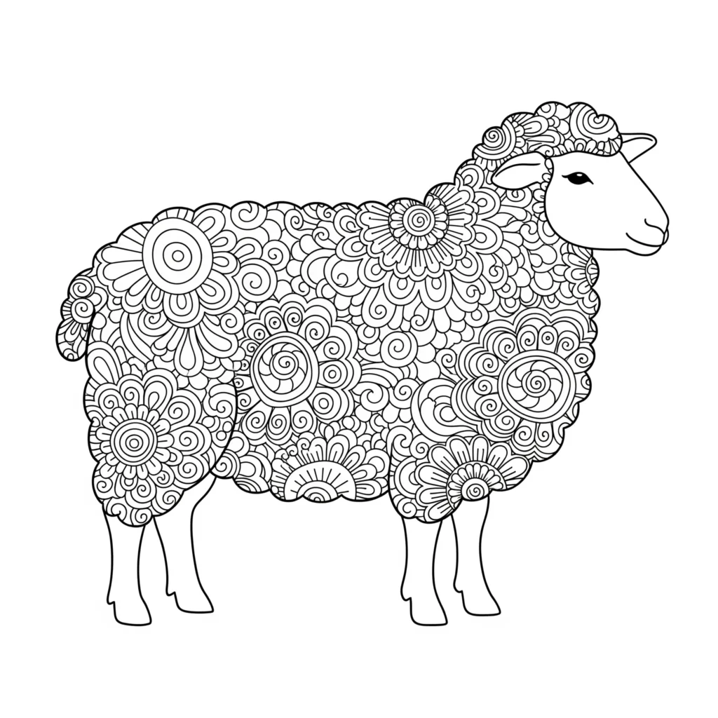 Ein dekoratives Schaf Mandala zum Ausmalen, geeignet für Kinder und Erwachsene, einfache und entspannende Malvorlage