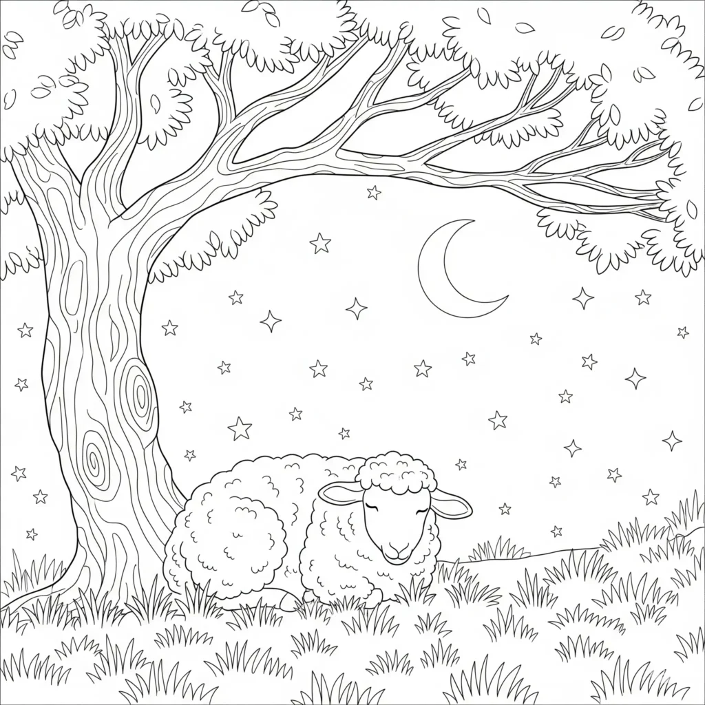 Ein Schaf schläft friedlich unter dem Mond, einfach auszumalen für Kinder und Erwachsene