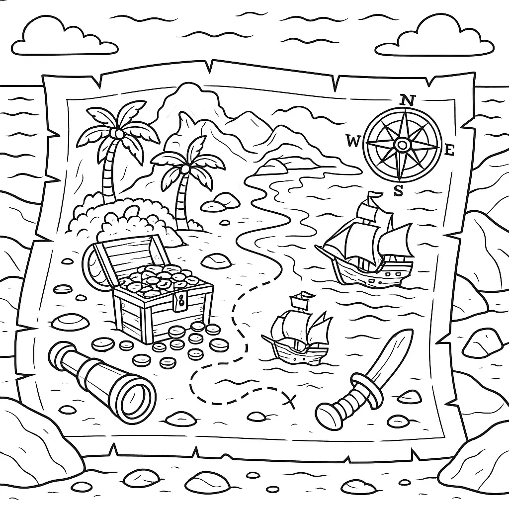 Schatzkarte Ausmalbild – alte Karte mit Insel, Piratenschiffen und Schatztruhe