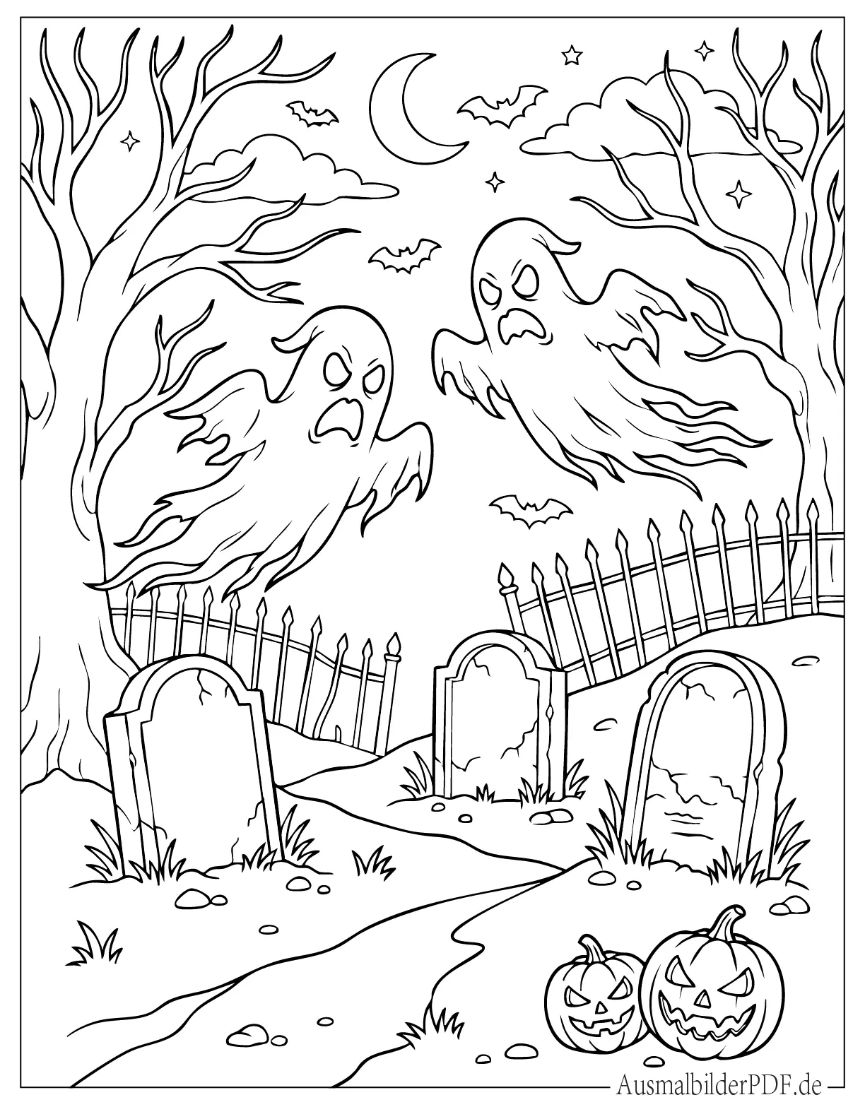 Zwei gruselige Geister auf dem Friedhof Ausmalbild zum Ausdrucken