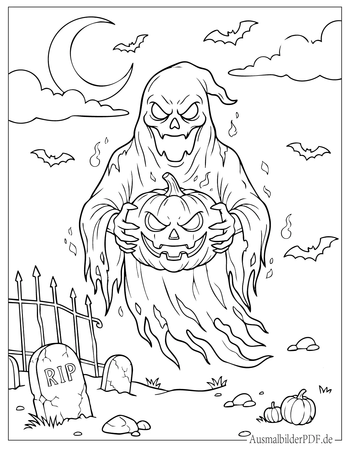 Gruseliger Geist hält eine Halloween Kürbislaterne Ausmalbild
