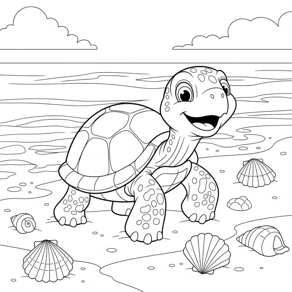 10+ Schildkröte Ausmalbilder (Gratis Malvorlage zum drucken) Diese Schildkröte Malvorlage für Kinder zeigt eine lächelnde Schildkröte am Strand mit Meer und Sand und eignet sich gut zum Ausmalen für Kinder zu Hause.