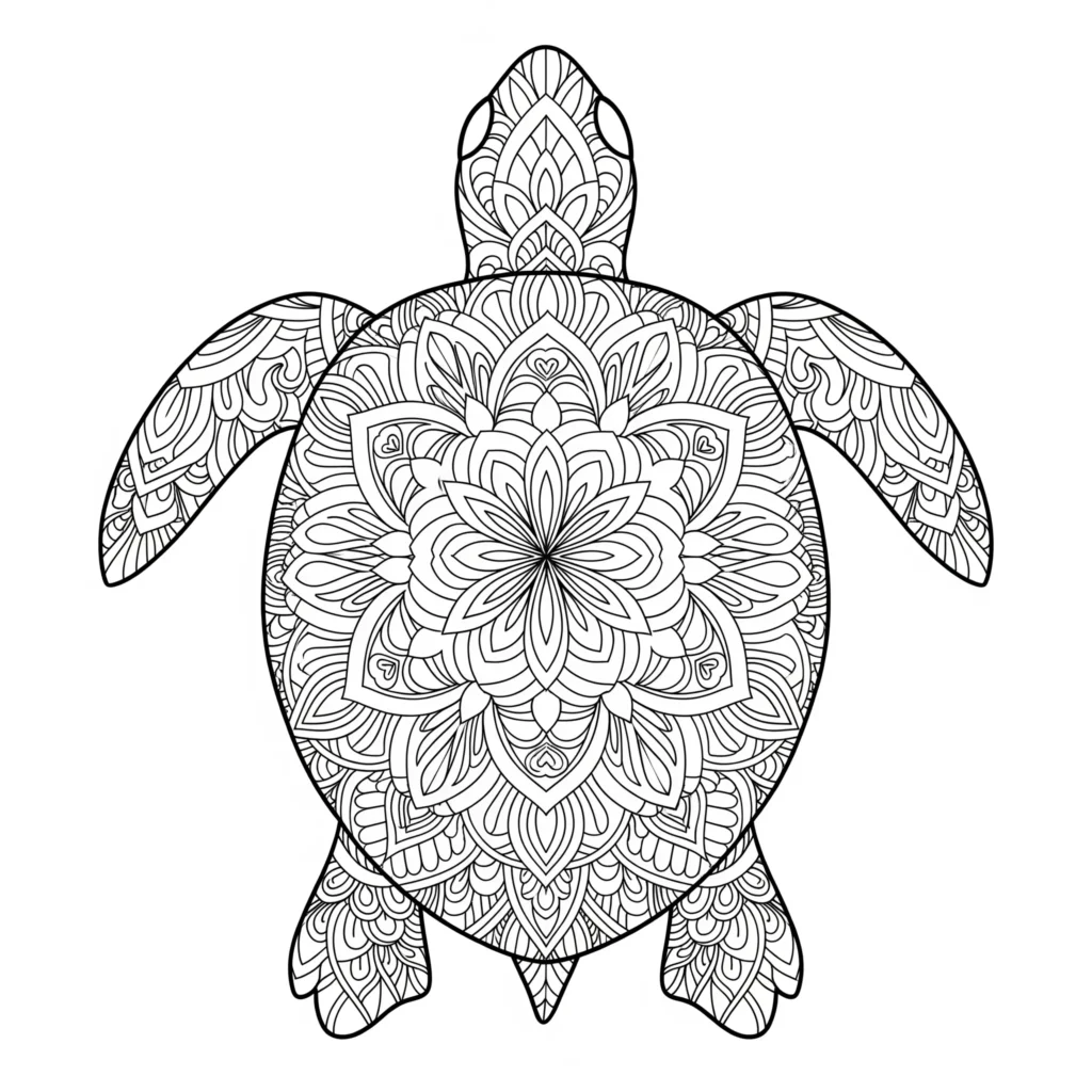 10+ Schildkröte Ausmalbilder (Gratis Malvorlage zum drucken) Eine Schildkröte im Mandala-Stil mit detaillierten Mustern, perfekt für Kinder zum Ausmalen und kreative Gestaltung zu Hause.