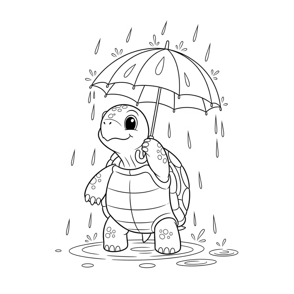 10+ Schildkröte Ausmalbilder (Gratis Malvorlage zum drucken) Eine Schildkröte, die im Regen unter einem Regenschirm läuft. Dieses Ausmalbild ist für Kinder und Erwachsene zum Ausmalen und Ausdrucken geeignet.