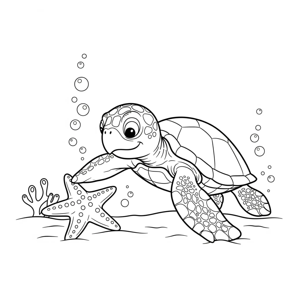 10+ Schildkröte Ausmalbilder (Gratis Malvorlage zum drucken) Eine fröhliche Schildkröte, die mit einem Seestern am Strand spielt. Ideal für Kinder zum Ausmalen und Ausdrucken zu Hause.
