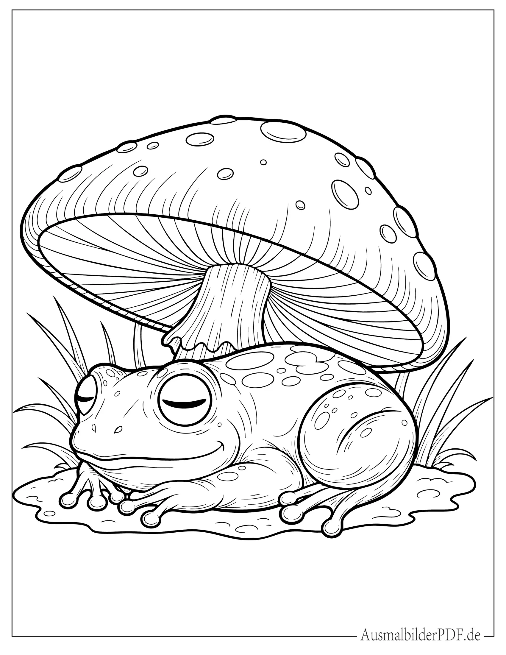 Schläfriger Frosch unter einem Pilz Ausmalbild