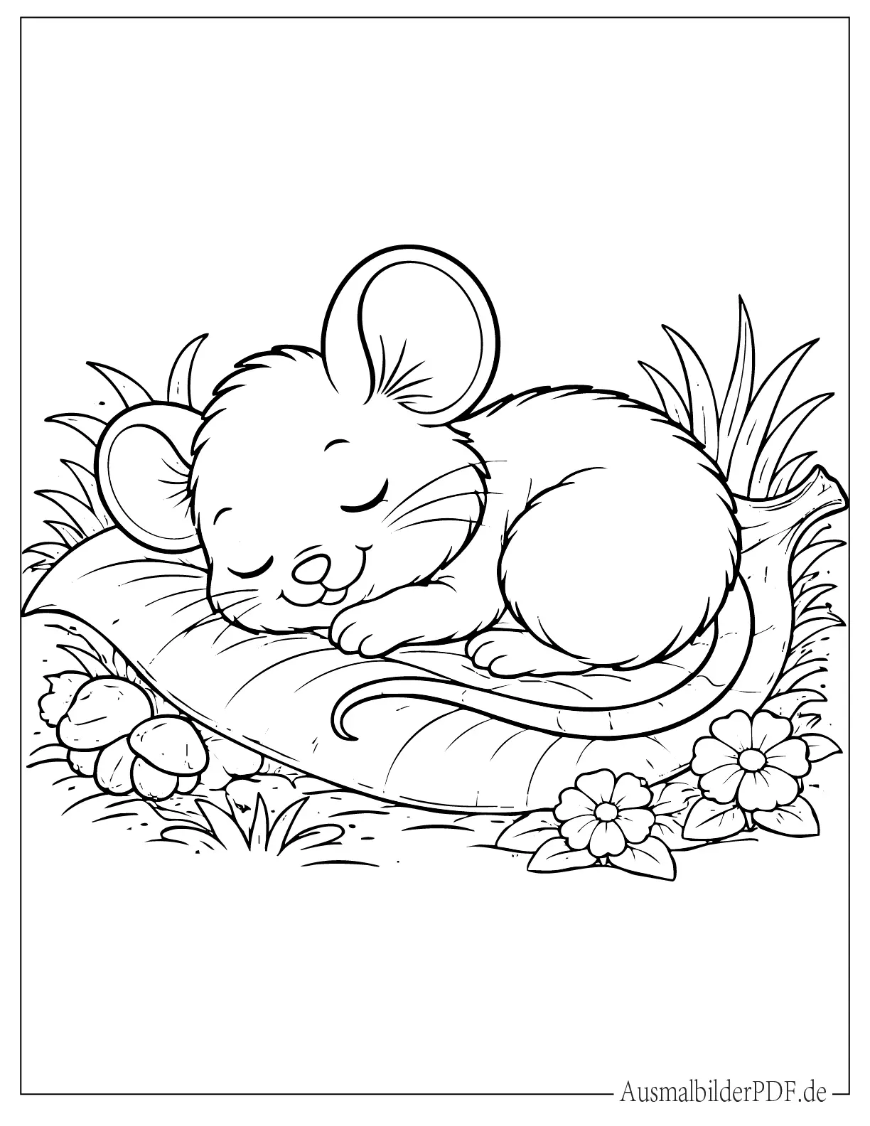 Schläfrige Maus zusammengerollt auf einem Blatt zum Ausmalen