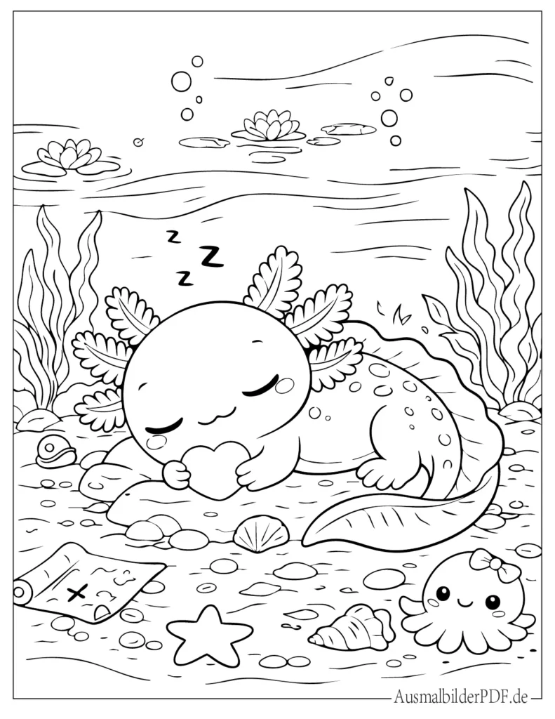 Malvorlage eines schlafenden Axolotls, der am Seegrund ruht, ideal zum Ausdrucken und für Kinder zum Ausmalen zuhause