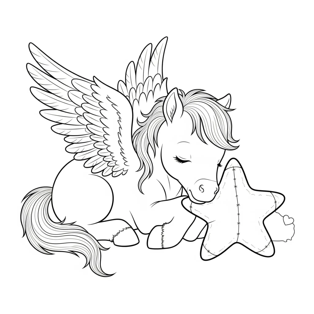 Ein kleiner Pegasus liegt friedlich schlafend mit geschlossenen Augen. Diese Ausmalbild-PDF ist ideal für Kinder und ruhige Malmomente