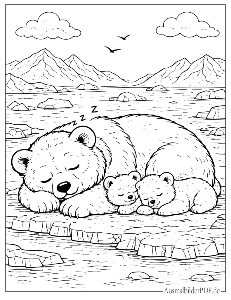 Ausmalbild eines schlafenden Bären, der ruhig liegt, während zwei kleine Jungen neben ihm ruhen, eine friedliche Szene zum Ausmalen