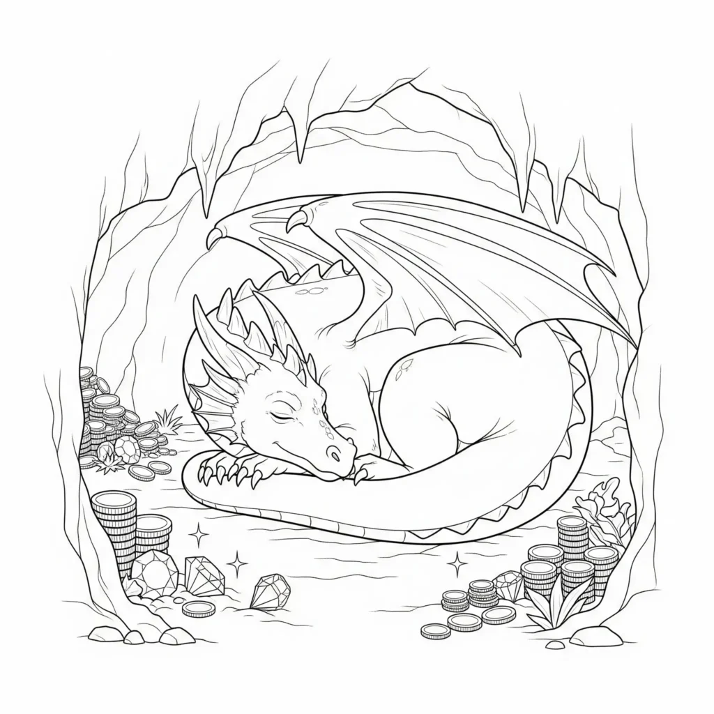 30 Drachen Ausmalbilder (Kostenlos Malvorlage zum Ausdrucken) Drache ausmalbild kinder mit einem friedlich schlafenden Drache tief in einer dunklen Höhle – perfekt als drachen bilder zum ausdrucken für ruhige Szenen