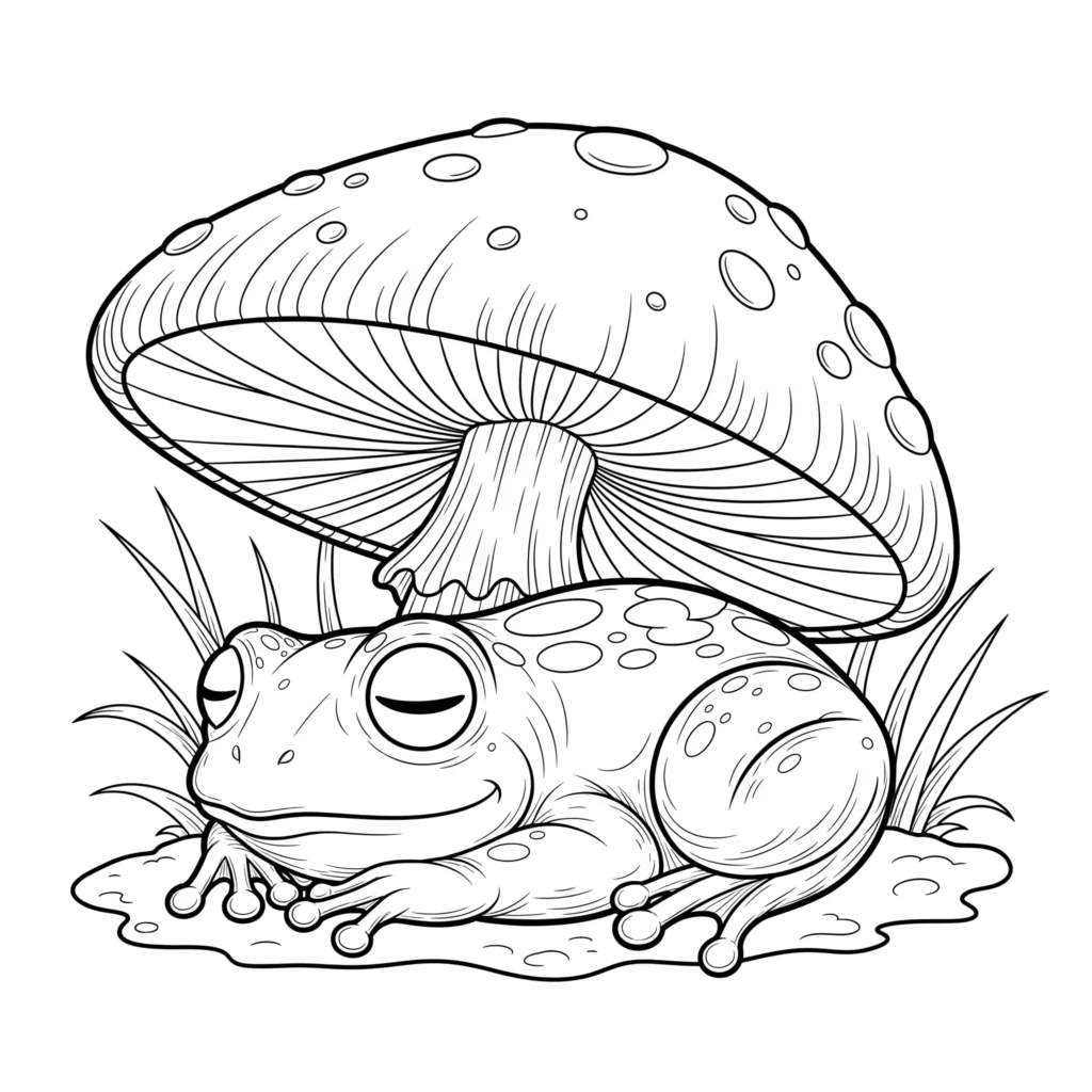 20+ Frosch Ausmalbilder (Kostenlos Malvorlage zum Ausdrucken) Ausmalbild eines schlafenden Frosches unter einem großen Pilz, ideal zum Ausdrucken und Ausmalen für Kinder.