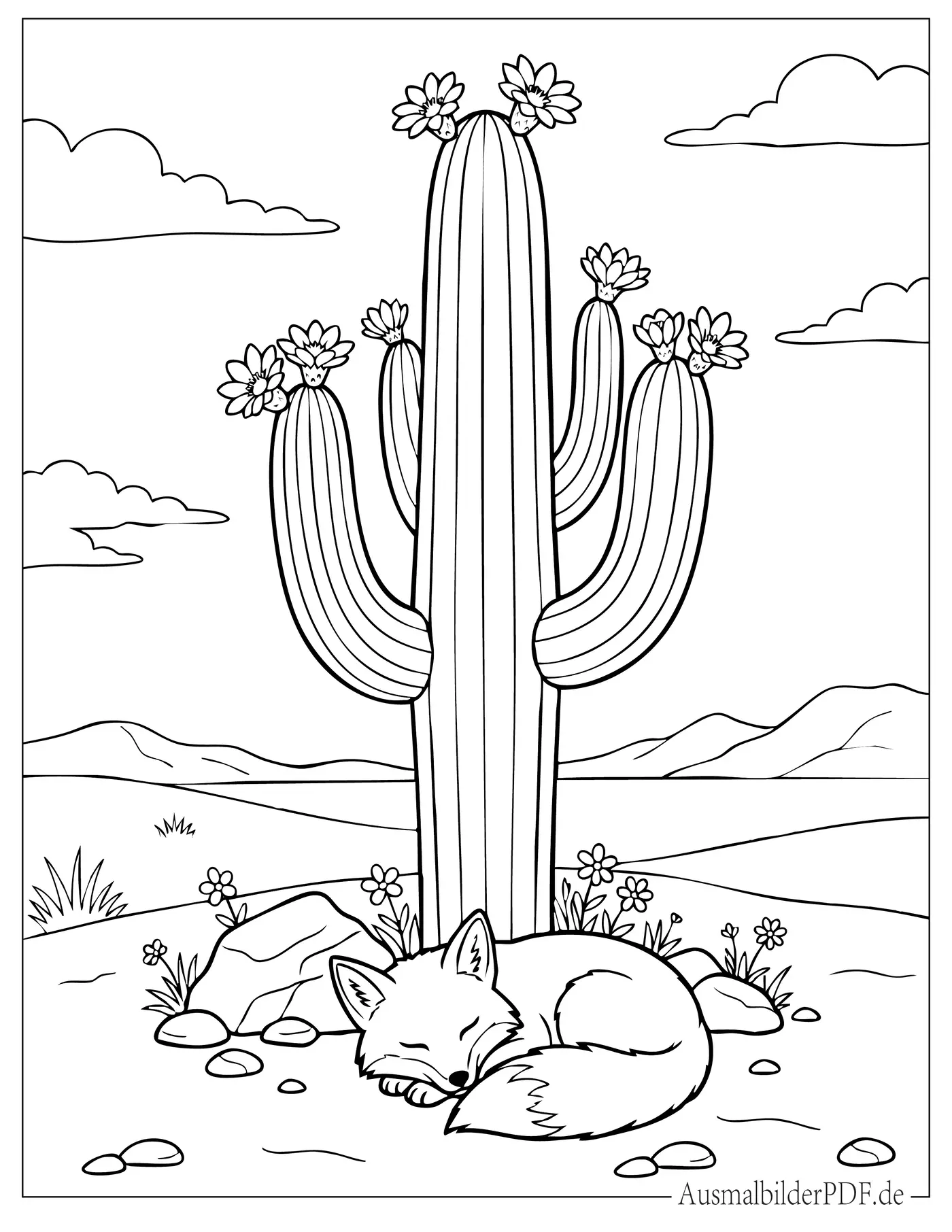 15+ Kaktus Ausmalbilder (Kostenlos Malvorlagen zum Drucken) Schlafender Fuchs unter einem blühenden Saguaro Kaktus Malvorlage