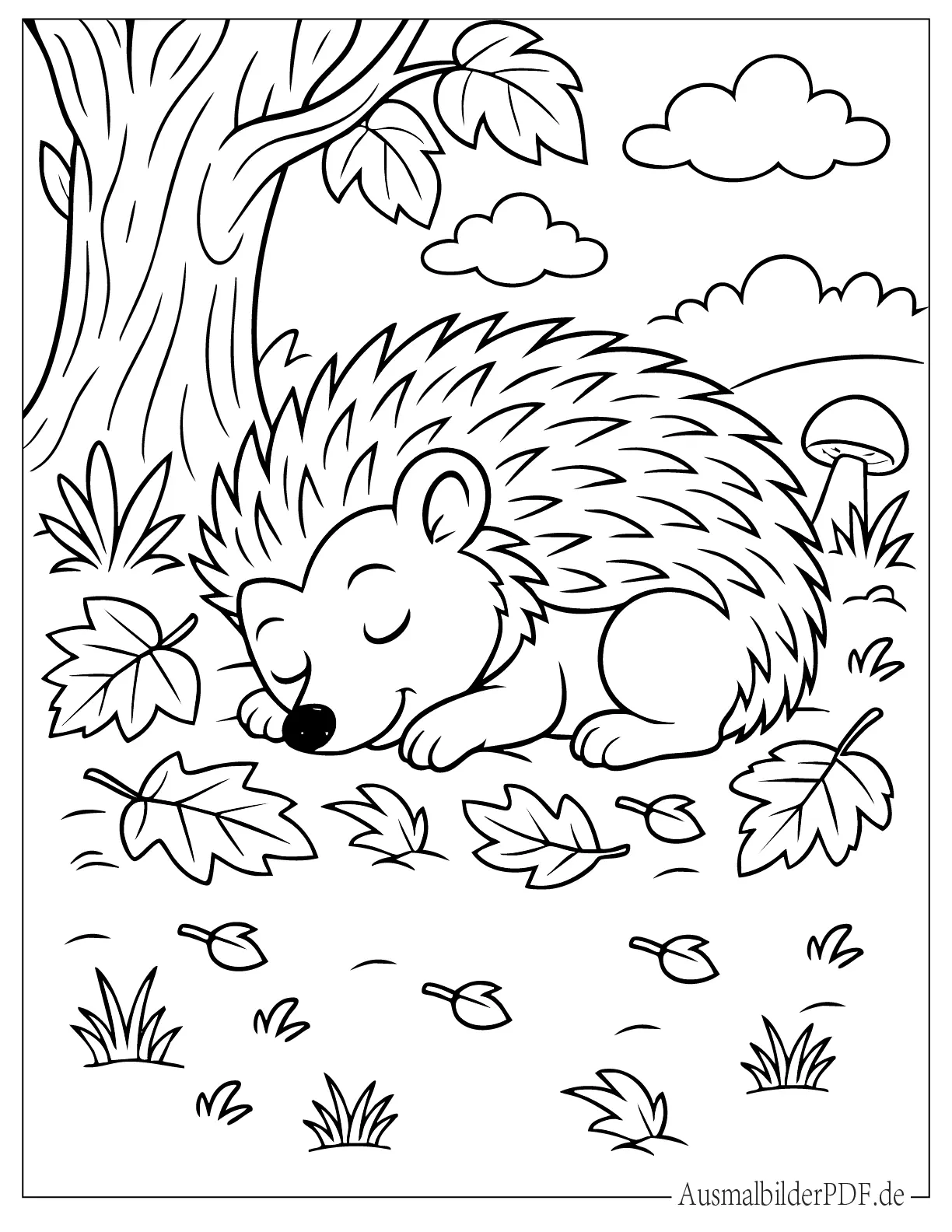 26 Ausmalbilder Igel (Kostenlose Druckvorlagen zum Download) Schlafender Igel unter Baum Malvorlage