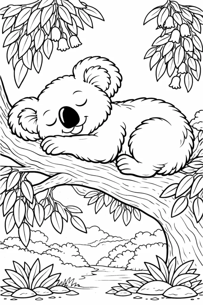 Ruhige Malvorlage mit schlafendem Koala auf einem Ast zum Ausdrucken für Kinder und Erwachsene