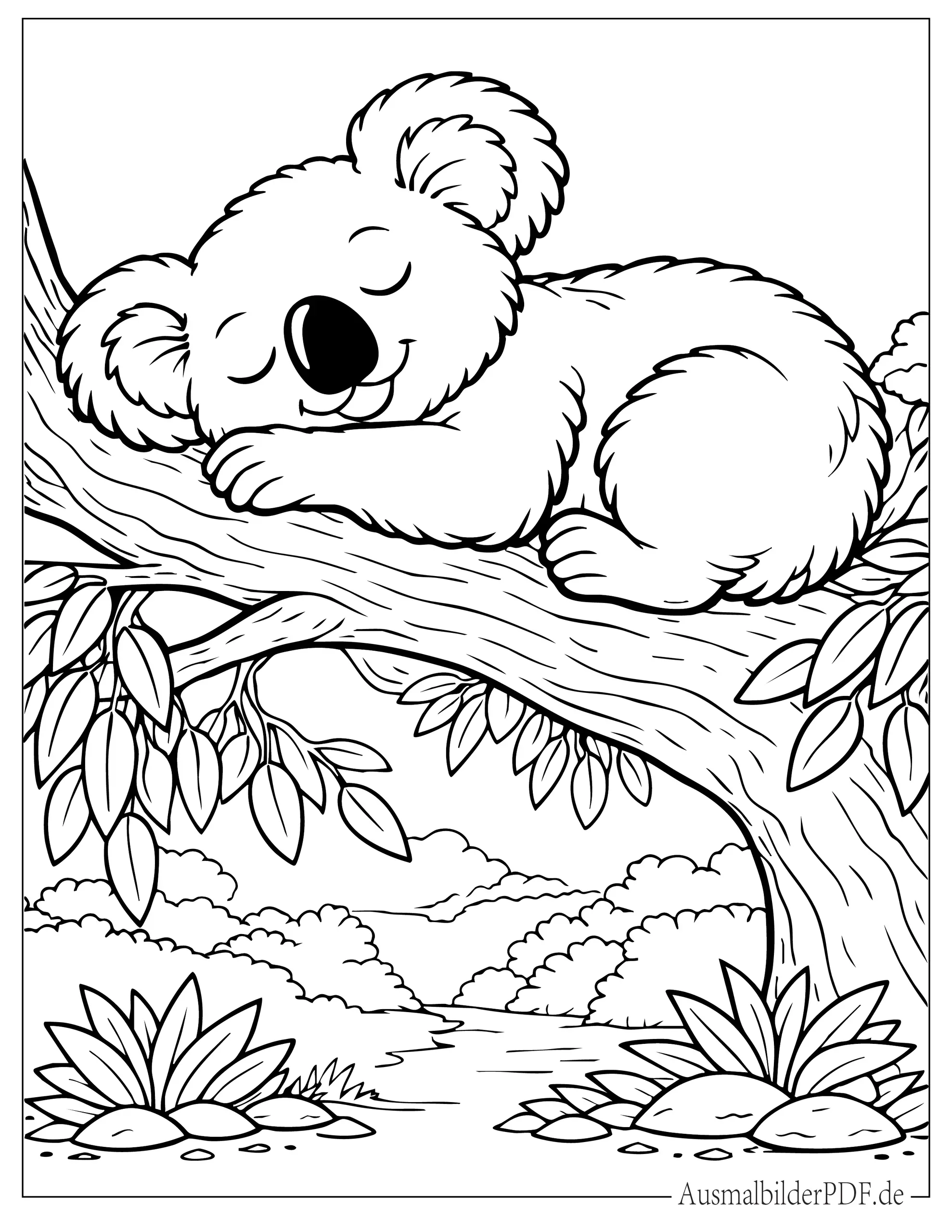 Schlafender Koala auf Zweig Ausmalbild zum Ausdrucken