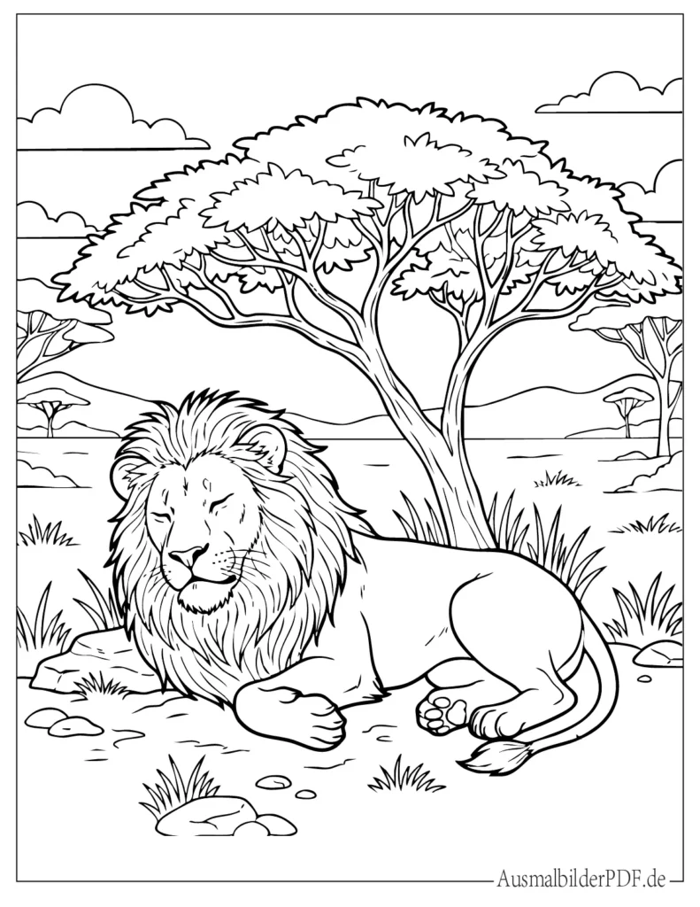 Ausmalblatt eines schlafenden Löwen, der unter einem Baum liegt, ideal für Kinder zum Ausmalen und kreative Gestaltung zuhause