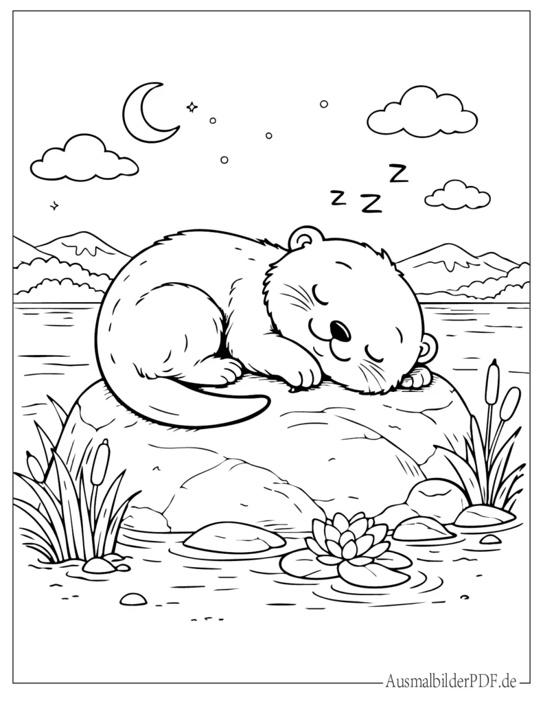 Ausmalbild eines schlafenden Otters auf einem Felsen für Kinder, ideale Malvorlage zum Ausdrucken