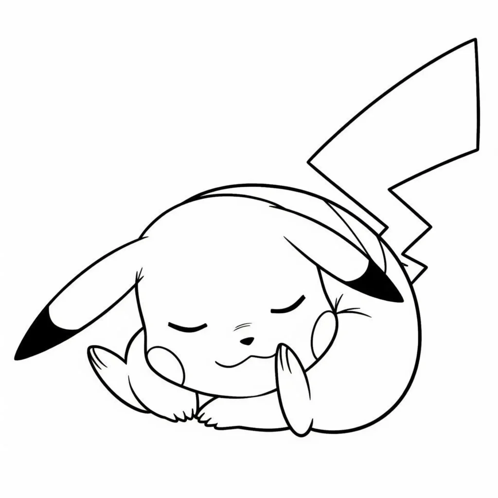Diese Ausmalvorlage zeigt Pikachu schlafend auf dem Boden liegend – ein ruhiges und entspanntes Motiv zum Ausdrucken und Ausmalen für Kinder.