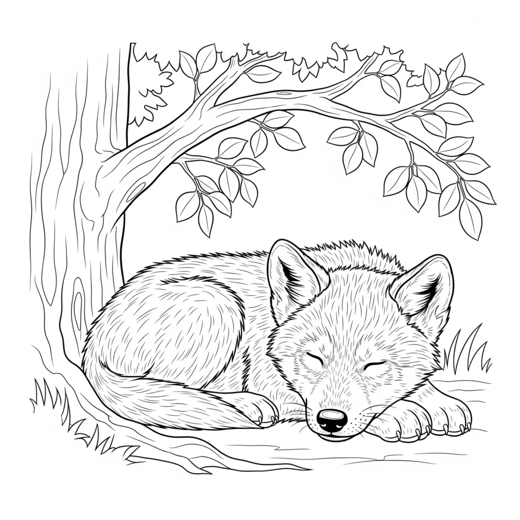 Malvorlage eines schlafenden Wolf Welpen, perfekt zum Ausdrucken und Ausmalen für Kinder