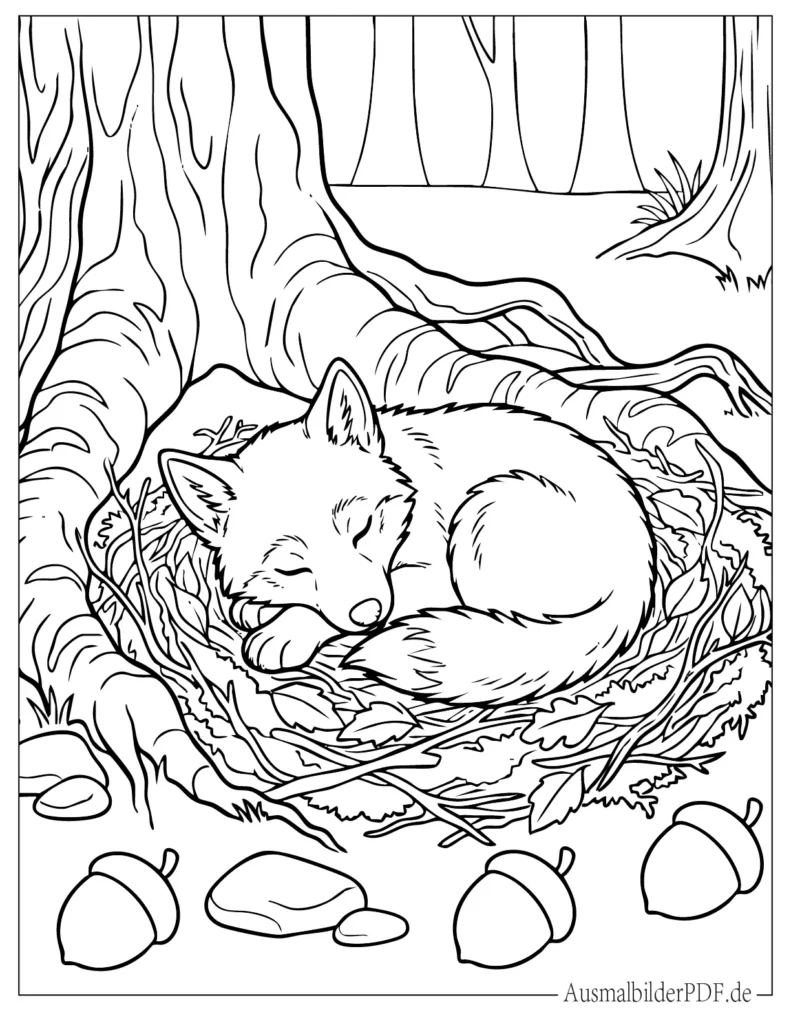 Malvorlage eines schlafenden Wolf Welpen, perfekt zum Ausdrucken und Ausmalen für Kinder