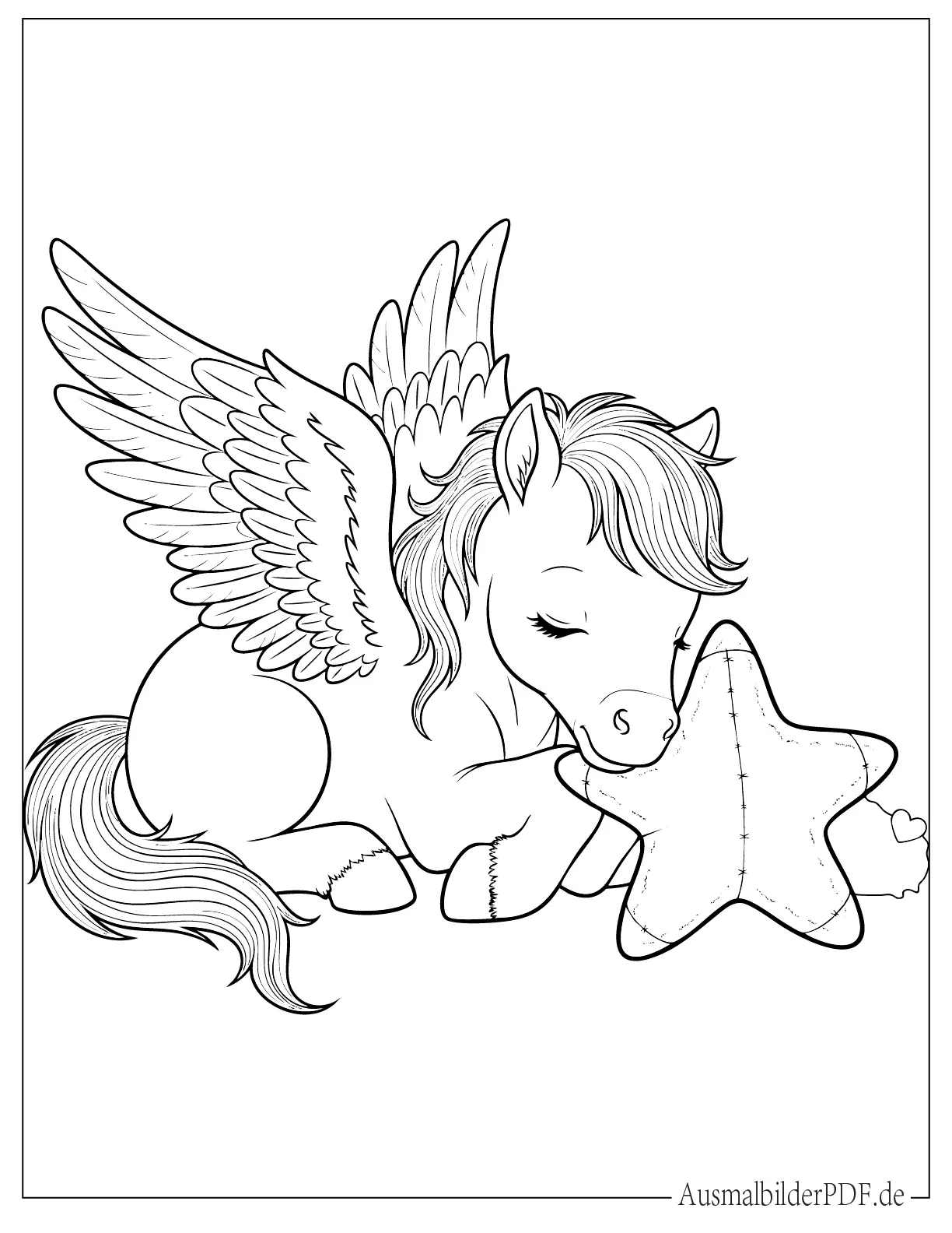 Schlafendes Baby Pegasus mit Sternenkissen zum Ausmalen für kleine Kinder