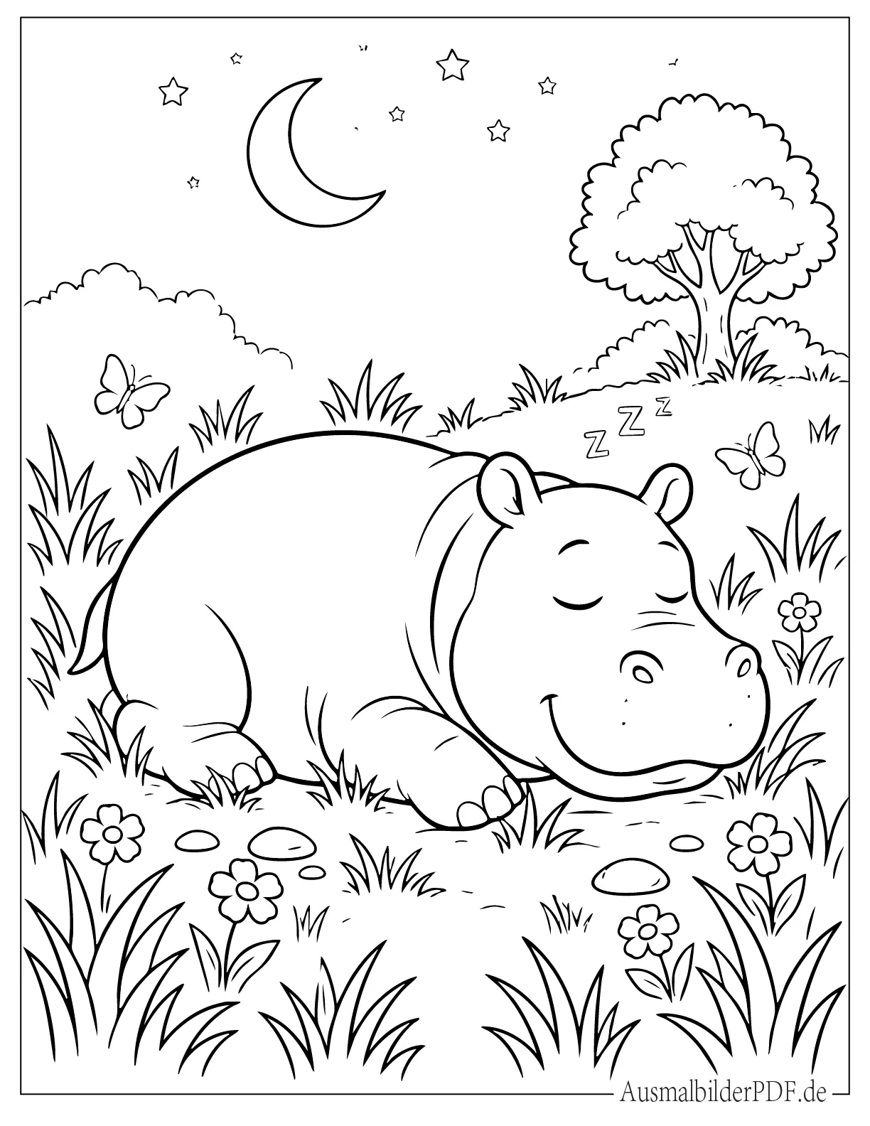 Schlafendes Nilpferd auf einem Feld zum Ausmalen