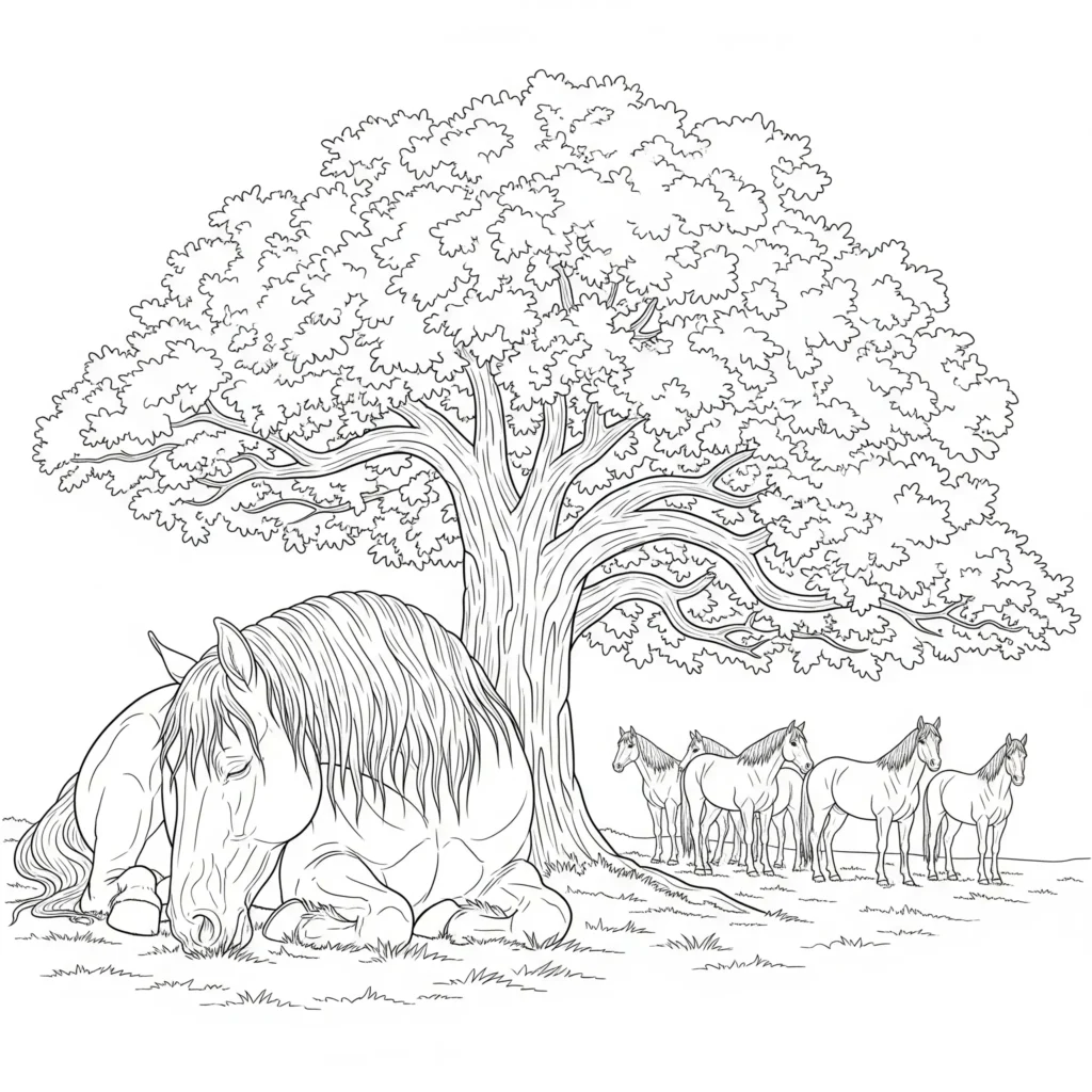 pferde ausmalbilder zum ausdrucken mit einem ruhenden pferd das unter einem baum liegt als entspannte vorlage fuer kinder