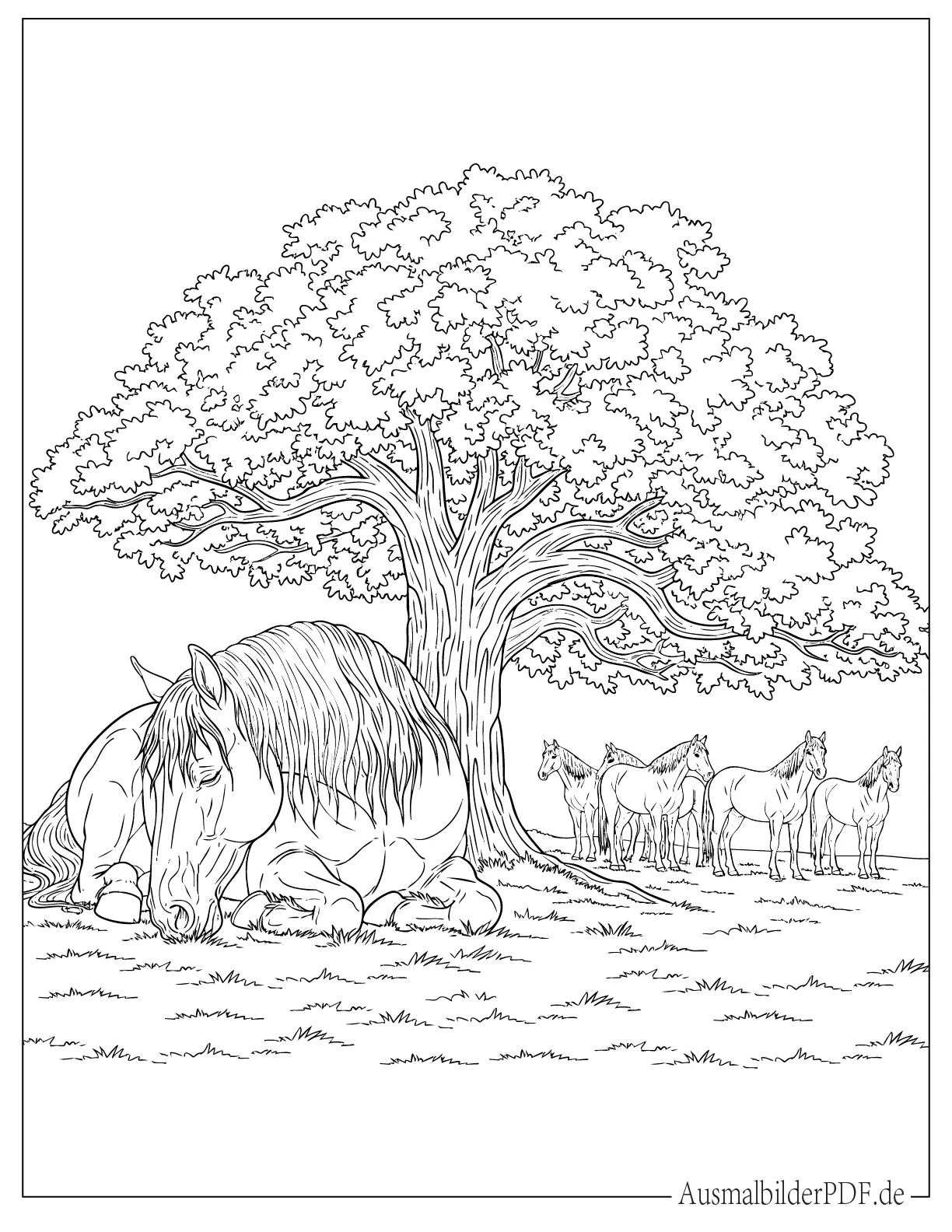 Schlafendes Pferd unter einem Baum Ausmalbild