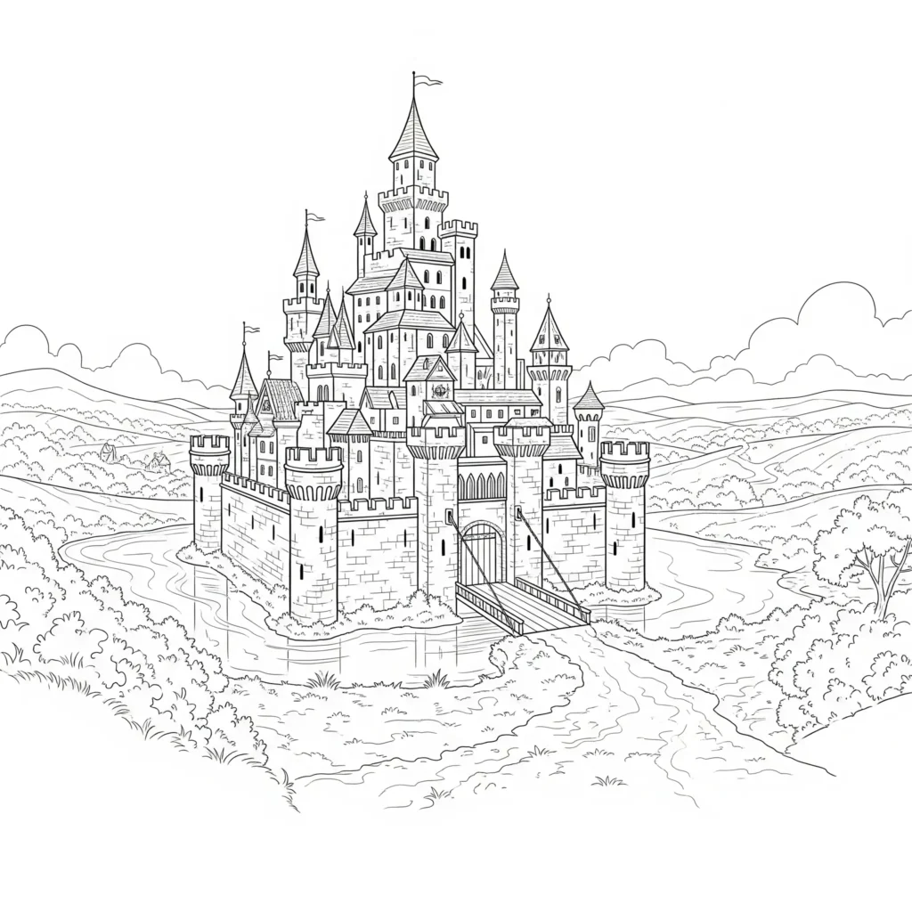 Schloss Ausmalbilder (Kostenlos Malvorlage zum Ausdrucken) schloss ausmalbild mit türmen zum ausmalen als kostenlose pdf druckvorlage für kinder