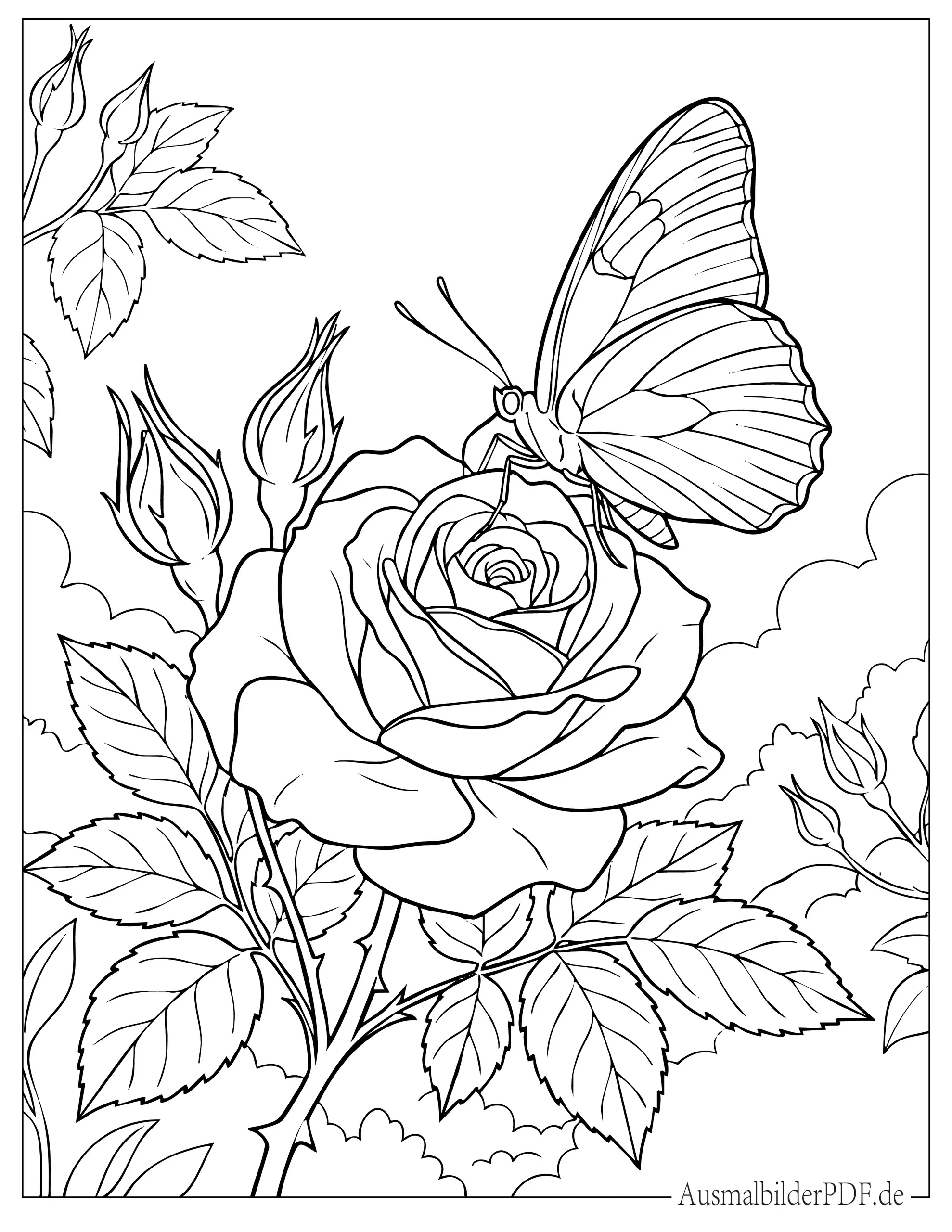 Süß Schmetterling sitzt auf Rose Ausmalbild