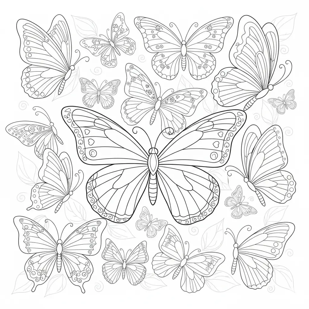 30+ Schmetterling Ausmalbilder (Gratis Malvorlage zum drucken) Ein Schmetterling sitzt auf einer Blume mit weit geöffneten Flügeln, umgeben von sanften Blättern und Blüten zum Ausmalen