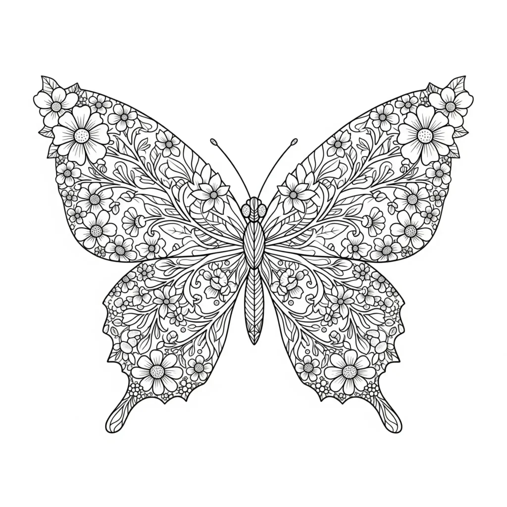 30+ Schmetterling Ausmalbilder (Gratis Malvorlage zum drucken) Ein Schmetterling mit Flügeln, die aus zarten Blumen bestehen – eine kreative Ausmalvorlage zum Ausdrucken für Kinder und Erwachsene.