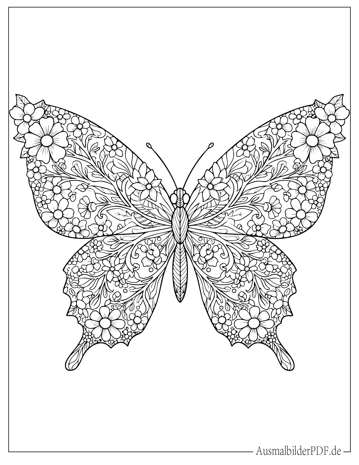 Detaillierter Schmetterling mit Blumenflügeln Ausmalbild für Erwachsene