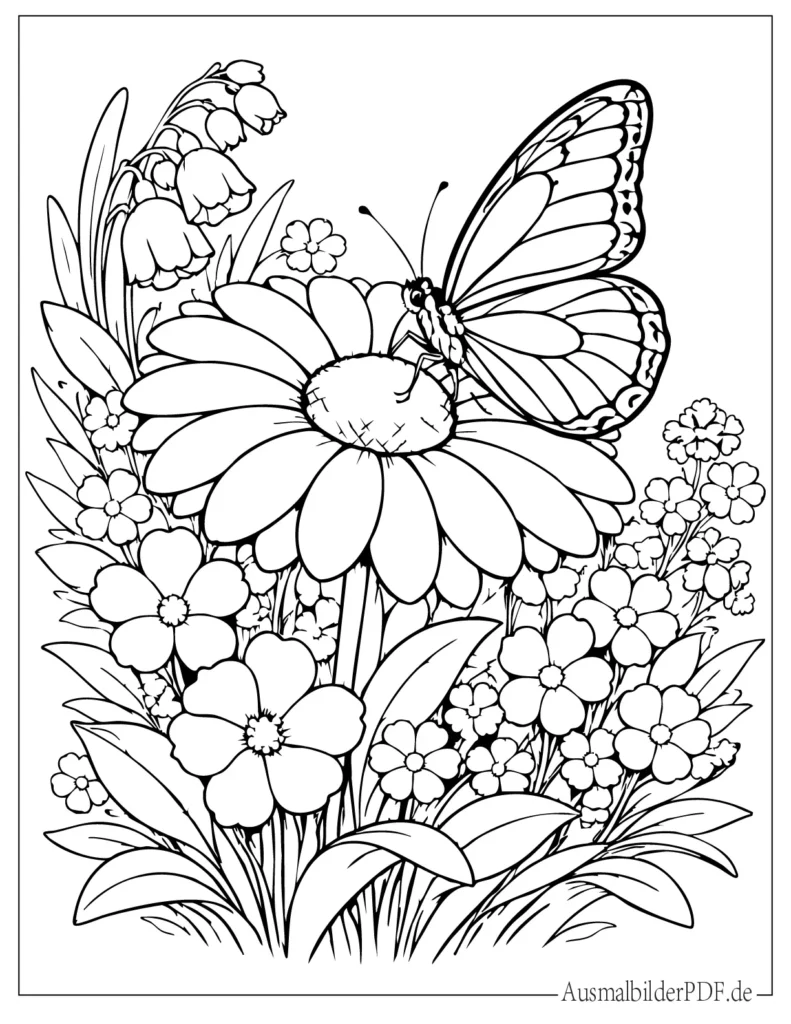 Ausmalbild eines Schmetterlings auf einer blühenden Blume, perfekt zum Ausmalen für Kinder