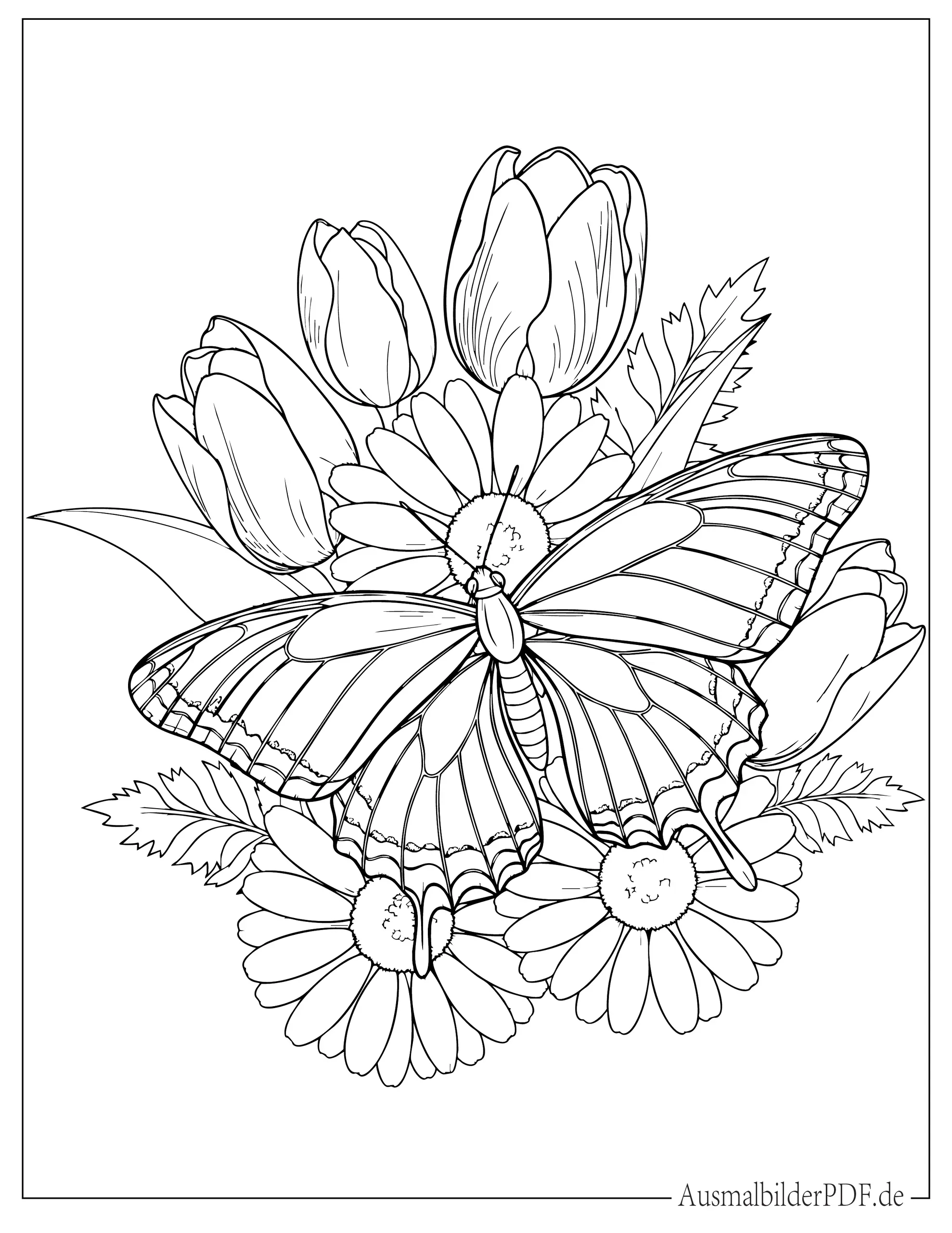 Niedlicher Schmetterling sitzt auf Blumen Malvorlage
