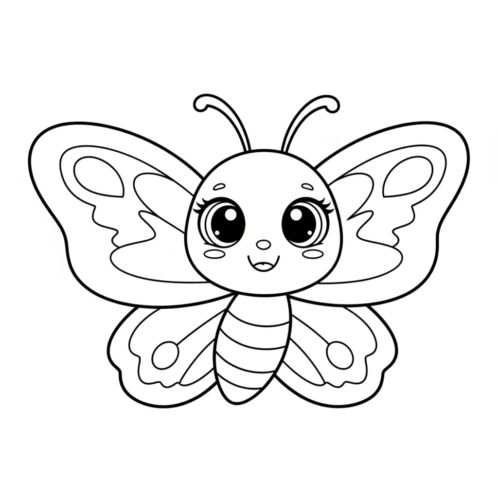 30+ Schmetterling Ausmalbilder (Gratis Malvorlage zum drucken) Ein cartoonartiger Schmetterling mit großen, freundlichen Augen – ideal als Malvorlage für Kinder zum Ausdrucken und Ausmalen.