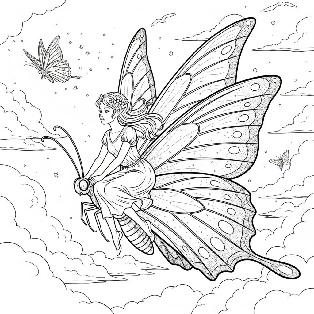 30+ Schmetterling Ausmalbilder (Gratis Malvorlage zum drucken) Ein Schmetterling fliegt zusammen mit einer kleinen Fee durch eine Fantasielandschaft – eine zauberhafte Ausmalvorlage für Kinder.