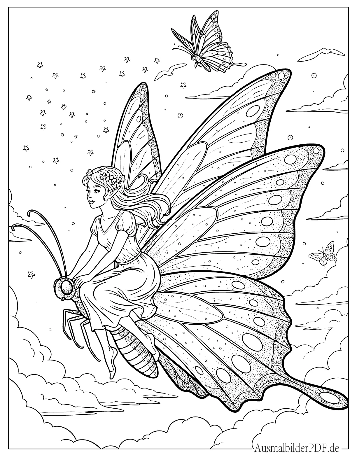 Fantasie Fee fliegt auf Schmetterling Ausdruckbare Malvorlage