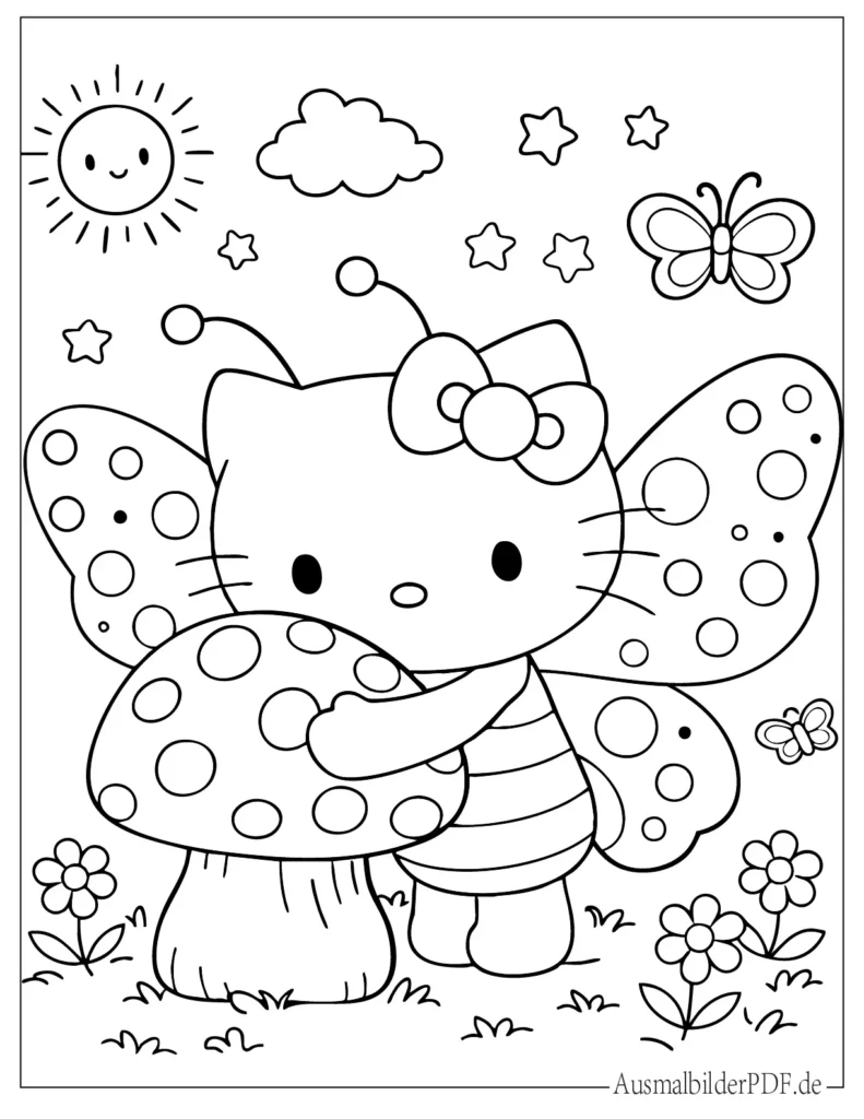 Hello Kitty mit Schmetterling umarmt einen Pilz, liebevolles Ausmalbild für Kinder zum Ausdrucken und Ausmalen